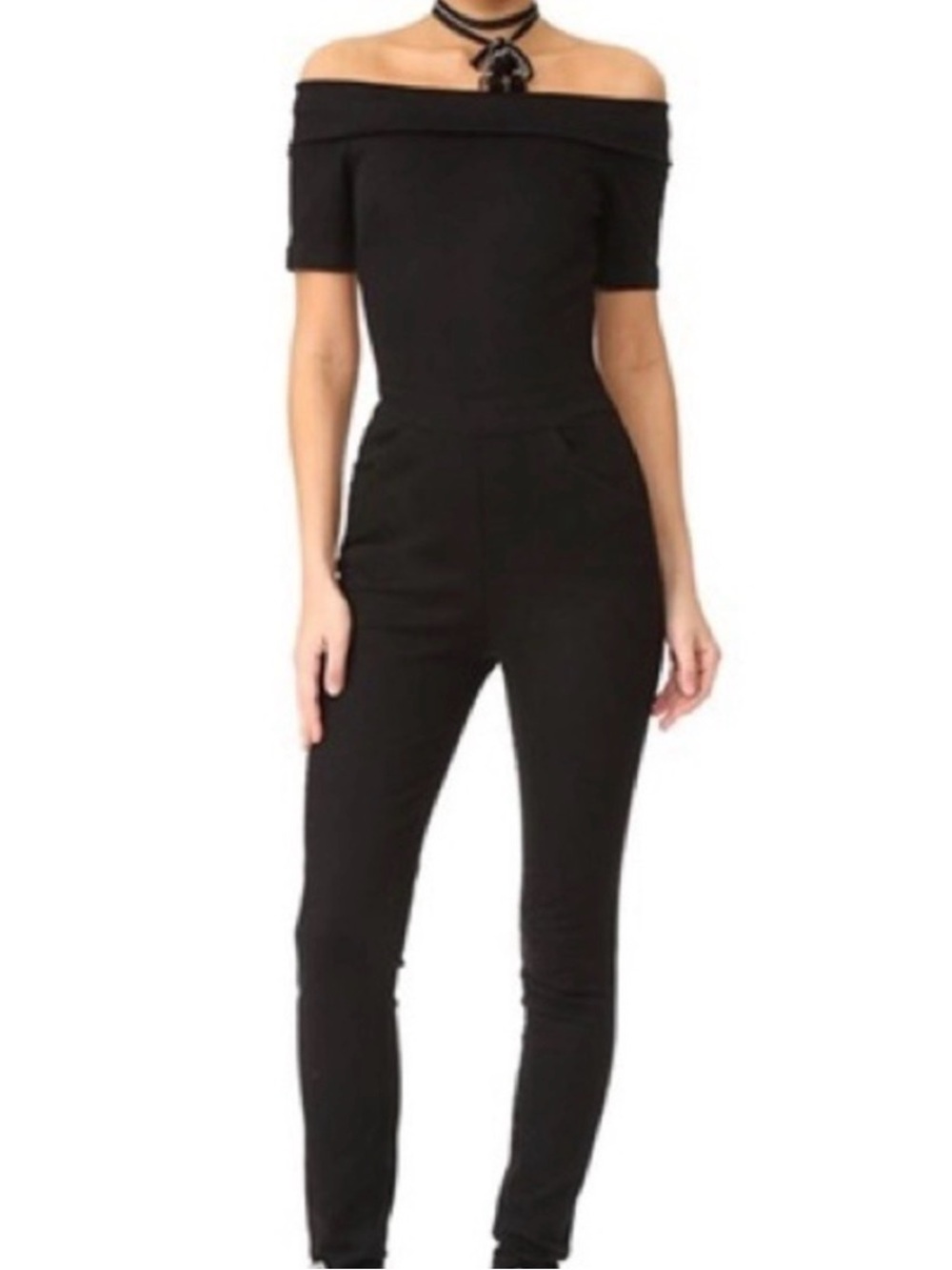 3x1 Black Off-Shoulder Slim Jumpsuit